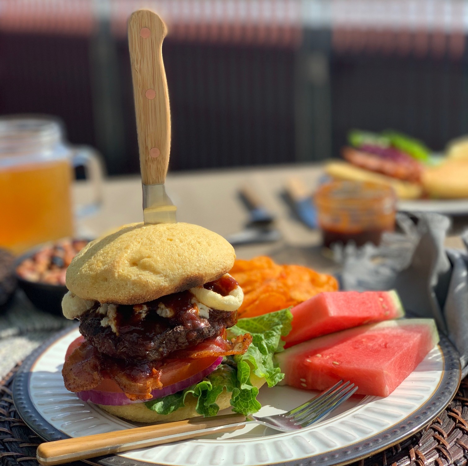 WhiskeyGlazed Blue Cheese Burger with Crispy Onions